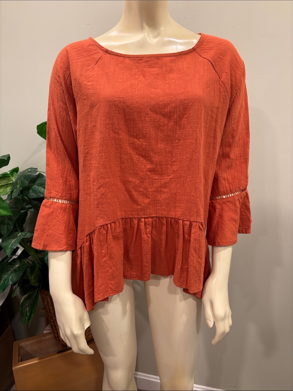 Sacred Threads Boho Ruffle Hem Top with 3/4 Bell Sleeves in Rust